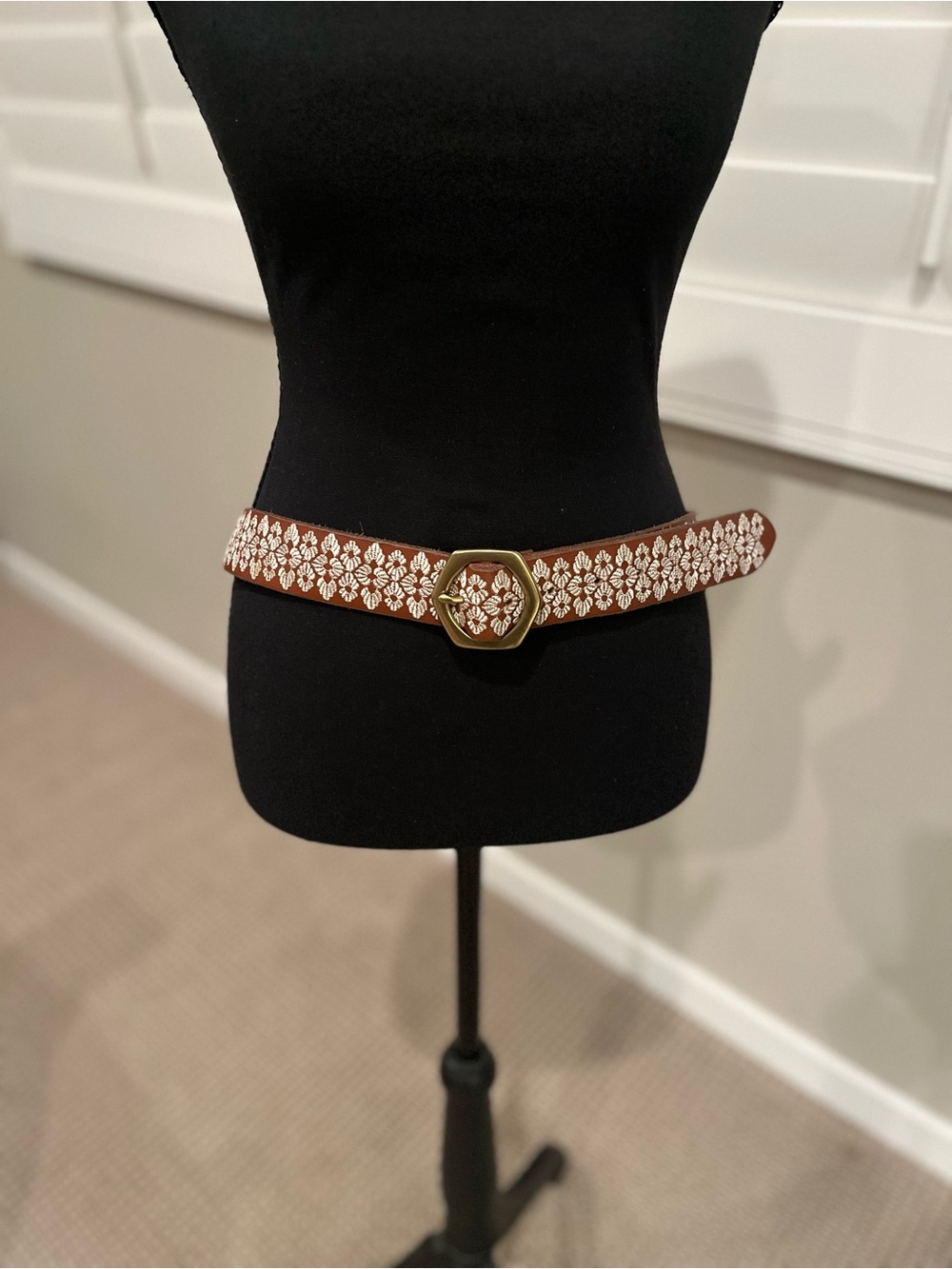 Lucky Brand Brown Leather Embroidered Leather Belt with Brass Hex Buckle
